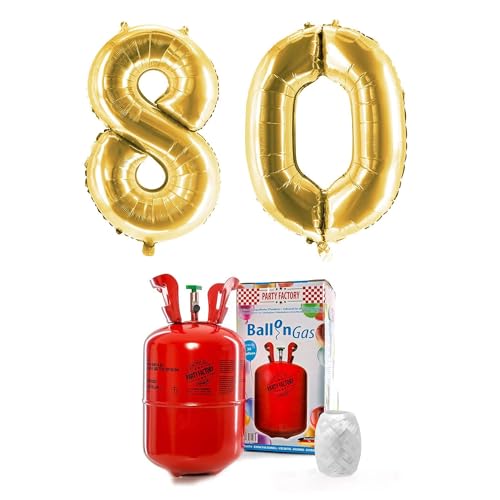 PARTY FACTORY Helium Set "80" mit XXL Zahlenballons, Ballongas und Ballonschnur - für Geburtstag, Jubiläum, Jahrestag; Gold, Silber, Schwarz, Pink, Rosa, Rosagold, Bunt (Gold)