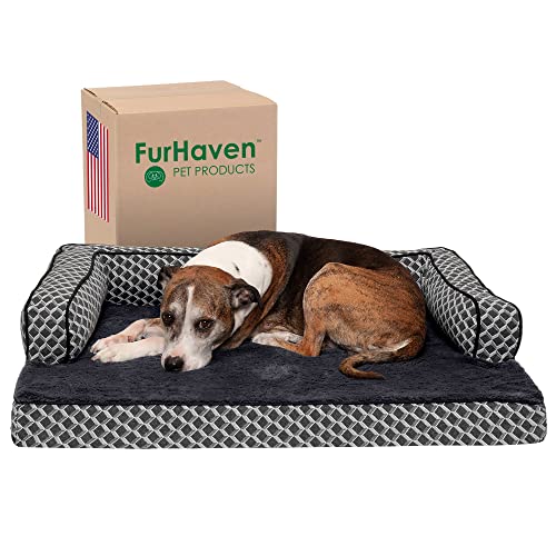 FurHaven Comfy Couch Hundebett aus Plüsch und Dekor, kühlendes Gel-Schaumstoff, Diamantgrau, Größe L