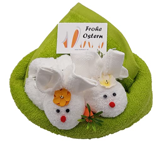 Frotteebox Geschenk Set Hasen im Nest in Handarbeit geformt aus Handtuch grün (100x50cm) + 2X Gästetuch (50x30cm) weiß