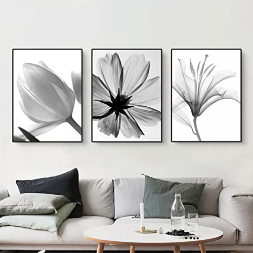 3er Set Schwarz Weiß Blume-Poster, Moderne Unframed Blumenmuster Bilder, Wandbild Print Bilder Kunstposter für Wohnzimmer Deko, Ohne Rahmen (50x70cm)