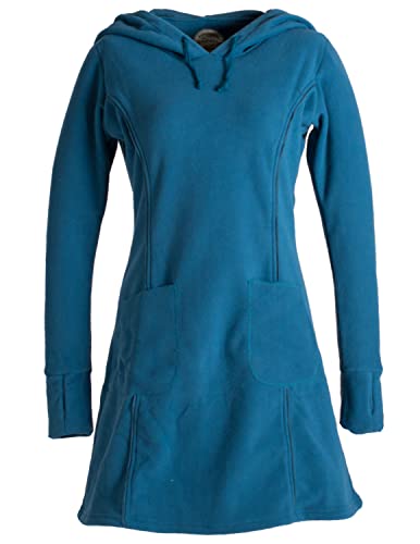 Vishes- Alternative Bekleidung - Langarm Winterkleid aus recyceltem Eco Fleece mit großer Zipfelkapuze türkis 46-48