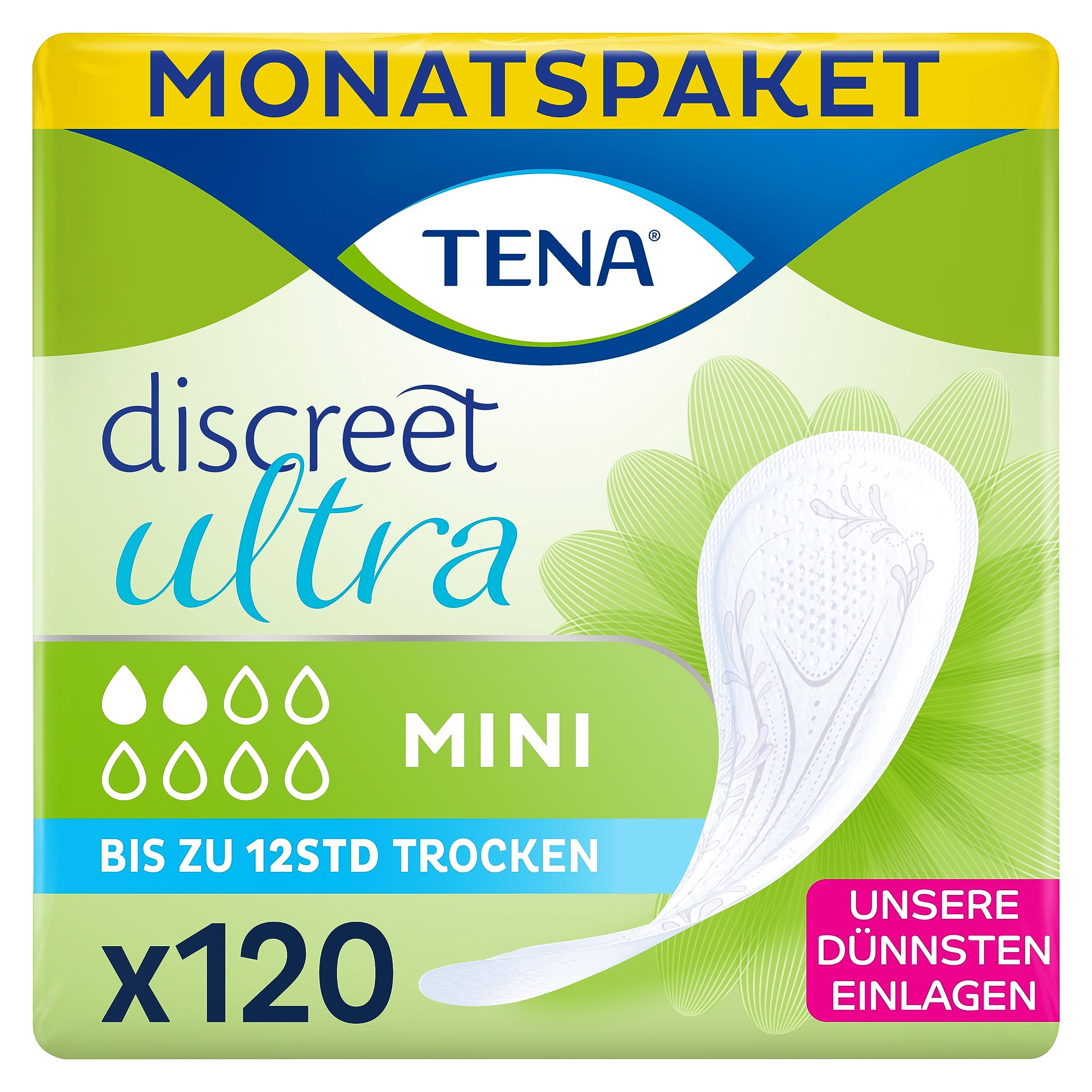 TENA Discreet Mini - 120 Einlagen Im Monatspaket (6 X 20 Stück), Einzeln Verpackt - Hygieneeinlagen Für Frauen - Bei Leichter Blasenschwäche, Inkontinenz Und Bei Tröpfchenverlust