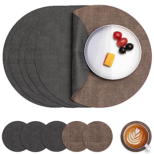 Myir JUN Tischsets Abwaschbar Leder und Untersetzer, Doppelseitigen Platzset Rund Ø 36cm 6er Set rutschfest Glasuntersetzer Platzdeckchen Leder Kunstleder Tischset (Grau Braun, 6er Set)