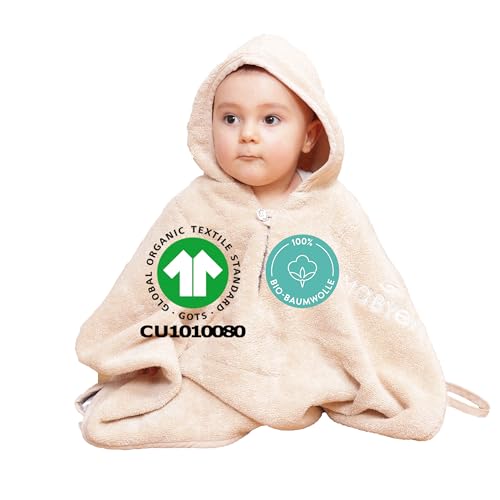 Mabyen Premium Baby Kapuzen Bademantel | Baby Poncho -100% Bio-Baumwolle - OEKO-TEX zertifiziert - bis 3 Jahre geeignet - Babyhandtuch mit Kapuze - 50x70 cm - Farbe beige