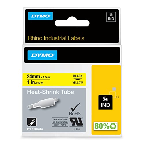 Dymo 18056 Rhino Schrumpfschlauch-Etiketten (für die Industrie, 12 mm x 1,5 m, Selbstklebend) schwarze Schrift auf gelb