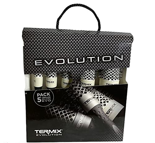 Termix Evolution Soft -Paket mit 5 Thermo-Rundbürsten mit leistungsstarken, ionisierten Borsten, speziell für feines Haar. Das Paket enthält die Durchmesser Ø17, Ø23, Ø28, Ø32 und Ø43.