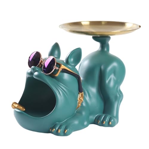 LIVASH Cool Bulldog Crafts Hundebutler Aus Kunstharz mit Tablett für SchlüSselhalter, Aufbewahrung, Schmuck, Tierzimmer, Heimdekoration, Statue, GrüN