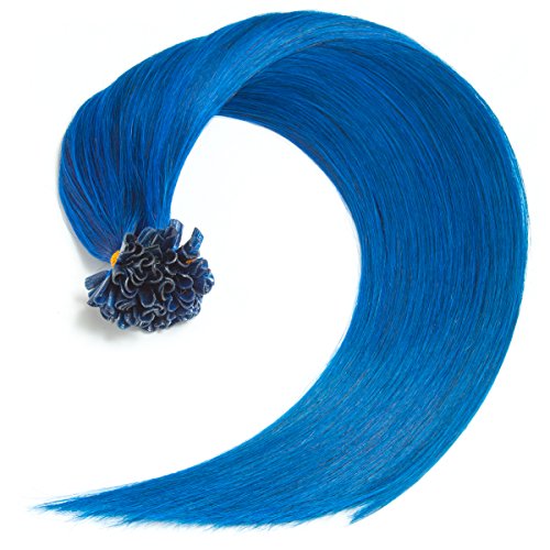 Blaue Bonding Extensions aus 100% Remy Echthaar - 25x 1g 45cm Glatte Strähnen - Lange Haare mit Keratin Bondings U-Tip als Haarverlängerung und Haarverdichtung in der Farbe Blau