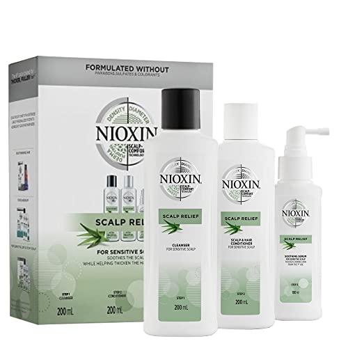 NIOXIN Scalp Relief Kit Dreiphasensystem, professionelle Komplettbehandlung, Kit für trockene und juckende Haut, empfindliche Haut, 200 + 200 + 100 ml