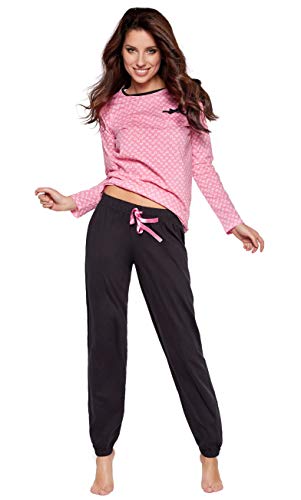 Moonline süßer und bequemer Damen Schlafanzug aus 100% weicher Baumwolle, mit Herzchen-Muster, rosa, Gr. S (36/38)