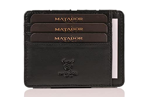 MATADOR Echt Leder Geldbeutel Herren RFID Geldbörse Magic Wallet Männer mit Münzfach Slim Geldtasche mit Breite Bänder (Schwarz)