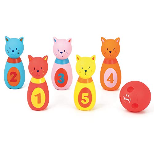 Katzenförmiges Bowlingspiel von Ludi | Kunststoff - ab 10 Monaten - Set mit 6 Pins mit Kugel | Evolutionäres Geschicklichkeitsspielzeug