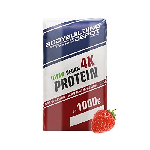 Bodybuilding Depot - Veganes Proteinpulver 1kg | Vegan 4k | umweltfreundlich in Papier verpackt | 100% pflanzlich | Sehr gute Löslichkeit | Natürlicher Geschmack (Erdbeere)