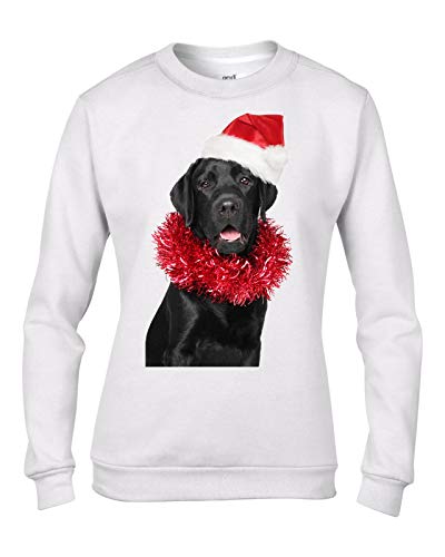 Tribal T-Shirts Christmas Black Labrador mit Nikolausmütze Damen Sweatshirt Pullover, weiß, 46