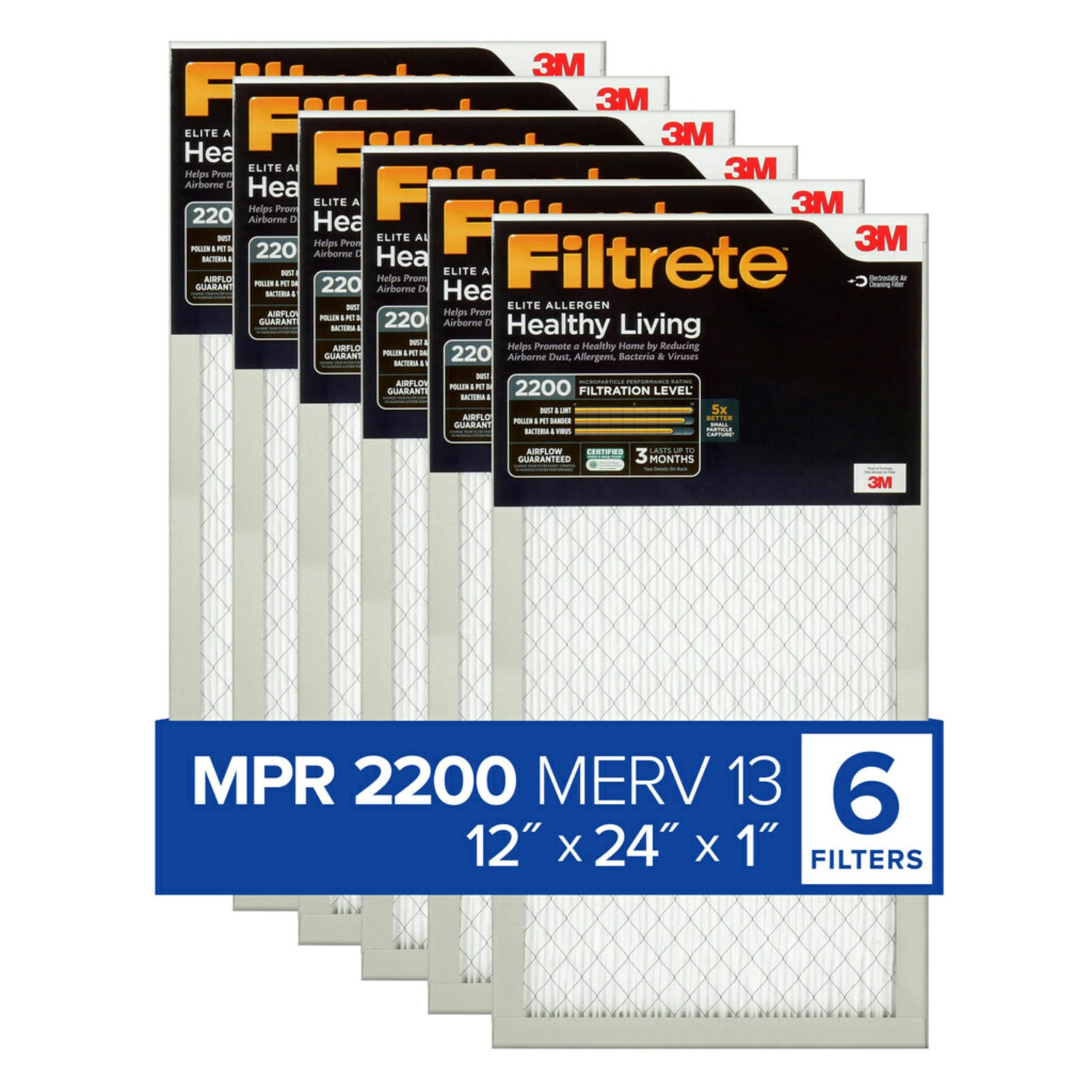 Filtrete 12 x 24 x 1, AC Ofen-Luftfilter, MPR 2200, Healthy Living Elite Allergen, 6er-Pack (genaue Maße 11,69 x 23,69 x 0,78)