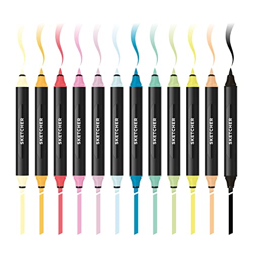Molotow Sketcher Twinmarker Main Kit 2 (Brush Tip & 3mm Keilspitze, farbintensive Aqua Pro Tinte, satte Farben, schnelltrocknend, Graffiti Stifte für die Anwendung auf Papier) 12 Stifte mehrfarbig