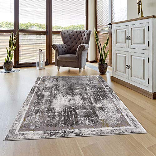 carpet city Teppich Wohnzimmer - Bordüre Abstrakt 120x120 cm Rund Grau Gold - Moderne Teppiche