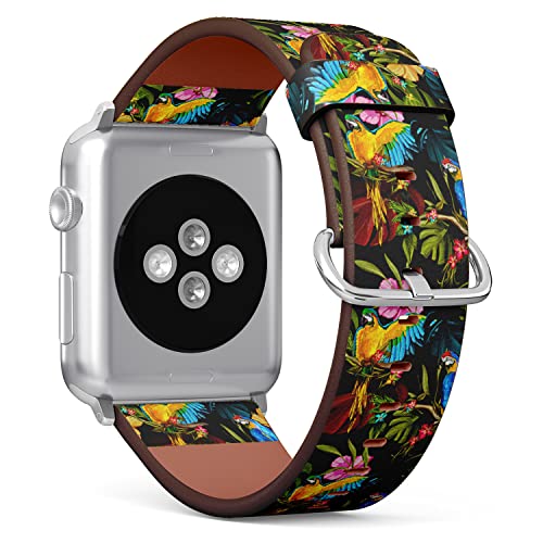 IKIKI-TECH Kompatibel mit Apple Watch-Armband, 38 mm, 40 mm, 41 mm (Papageien auf tropischem Muster), Ersatzarmband aus veganem Leder für iWatch Series 8, 7, 6, 5, 4, 3, 2, 1 Ultra SE