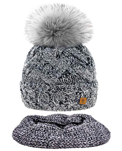 MFAZ Morefaz Ltd Set Mütze & Schal Winter Damen Alpaka Wolle Beanie Strickmütze Wurm Fleece Bommel Pom Pom (Platinum Grey Set Hat&Scarf)