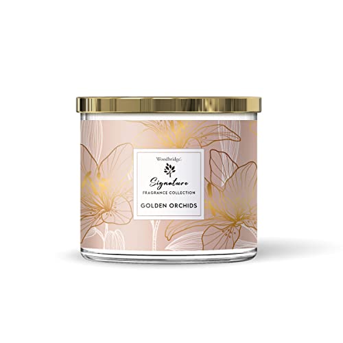 Woodbridge Duftkerze im Glas mit Deckel | Golden Orchids | Duftkerze Bergamotte | Kerzen 3 Docht | Edle Duftkerzen | Brenndauer bis 40h | Kerzen Rosa