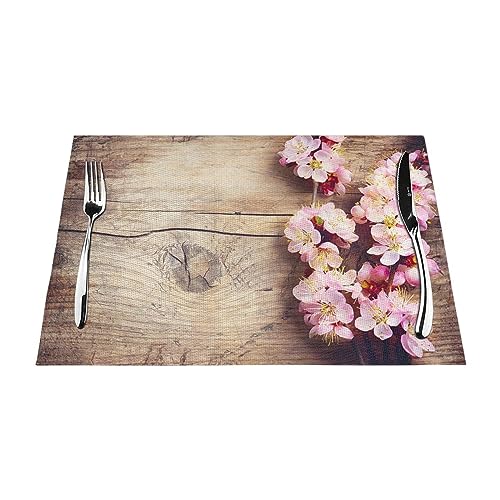 Frühlingsblüte auf Holz, romantisch, natürlich bedruckt, PVC, gewebt, 6 Stück, hitzebeständig, rutschfest und stilvolle Tischdekoration