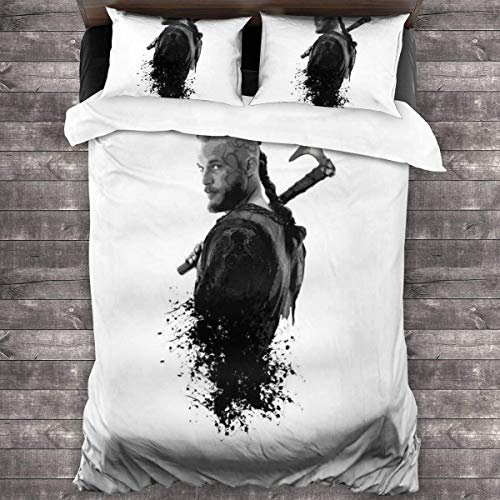 Knncch Vikings Ragnar Warrior King 3-teiliges Bettwäscheset Bettbezug Dekoratives 3-teiliges Bettwäscheset mit 2 Kissenbezügen