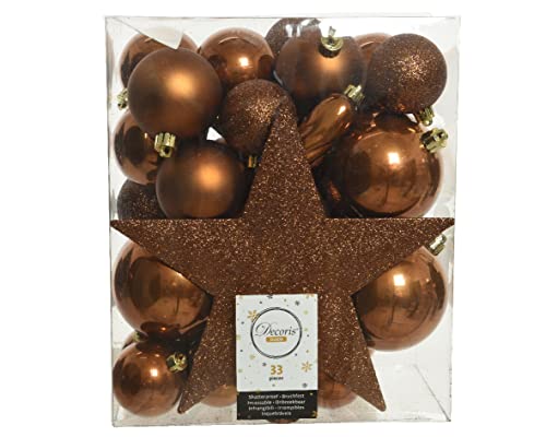 Kaemingk 72294 Plastic Baubles 5-8 cm with Christmas Tree Topper Star Set of 33 Shatterproof Brown Copper, Ceramic, Multicolor