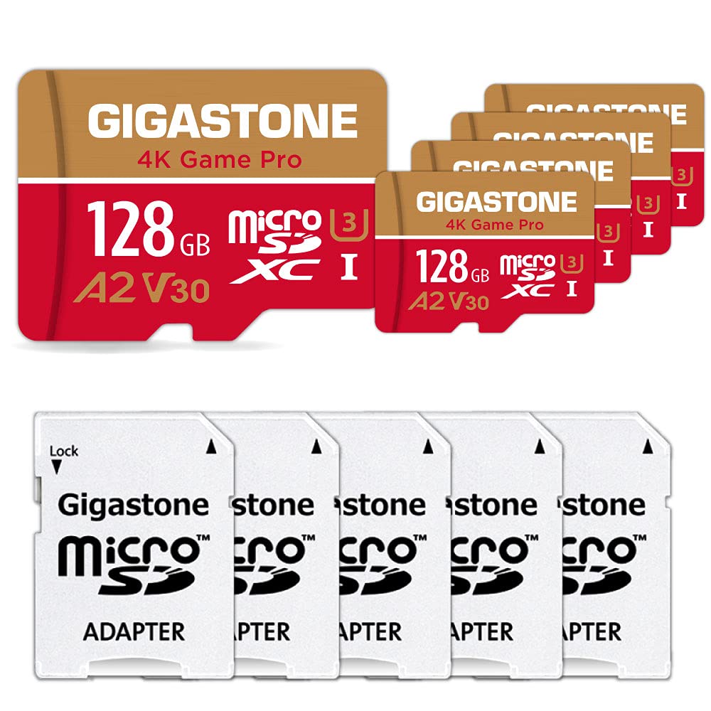[5 Jahre kostenlose Datenwiederherstellung] Gigastone 4K Game Pro 128GB MicroSDXC Speicherkarte 5er-Pack und SD-Adapter, Kompatibel mit GoPro Switch, schwindigkeit 100 MB/s, A2 U3 V30 Micro SD Karte