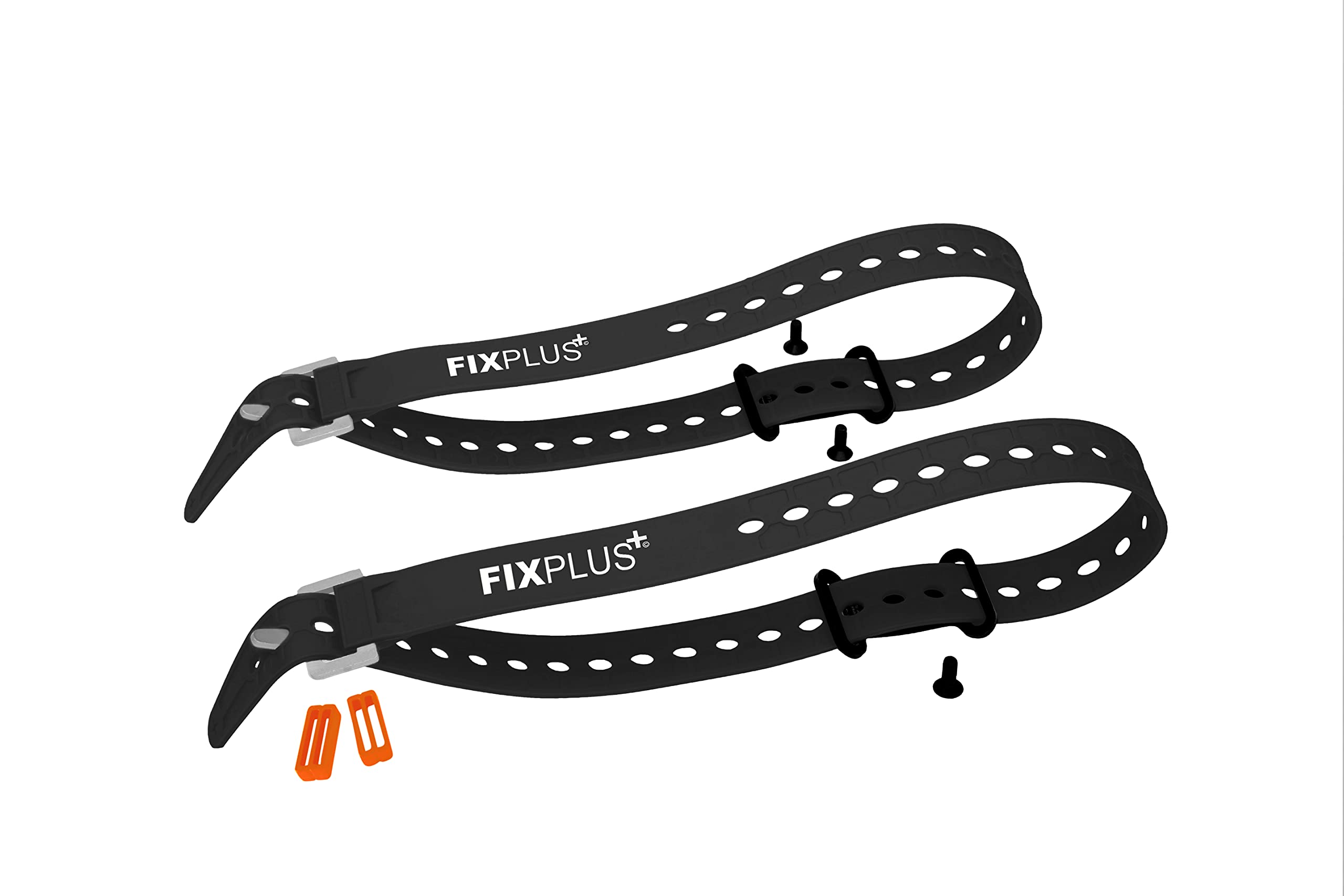 Fixplus Gear Tightener Set 66cm - Ladungsbefestigung am Fahrrad für große Teile - Zwei Aluminium Halter inkl. Schrauben + Zwei Spannbänder 66cm Länge (schwarz) und Zwei Strapkeeper (orange)