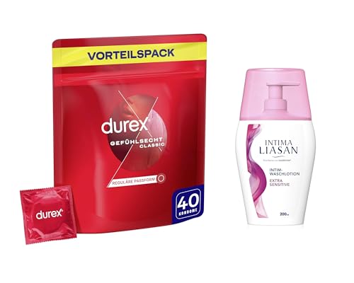 Durex Gefühlsecht Kondome, hauchzartes Kondom für intensives Empfinden, 40 Stück + Sagrotan Intima Liasan 200ml Intim Waschlotion Sensitiv
