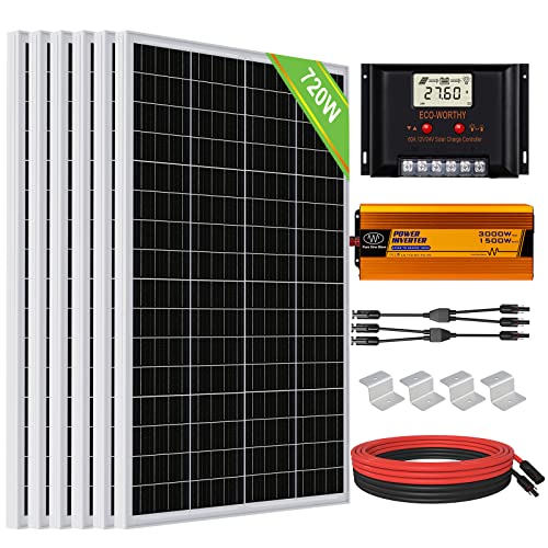 ECO-WORTHY 3 kW·h Solarmodul System mit All in One Wechselrichter 720 W 24 V Solarpanel Kit für netzunabhängige Wohnmobile: 6 Stücke 120W Solarmodul + 1500W 24V Wechselrichter