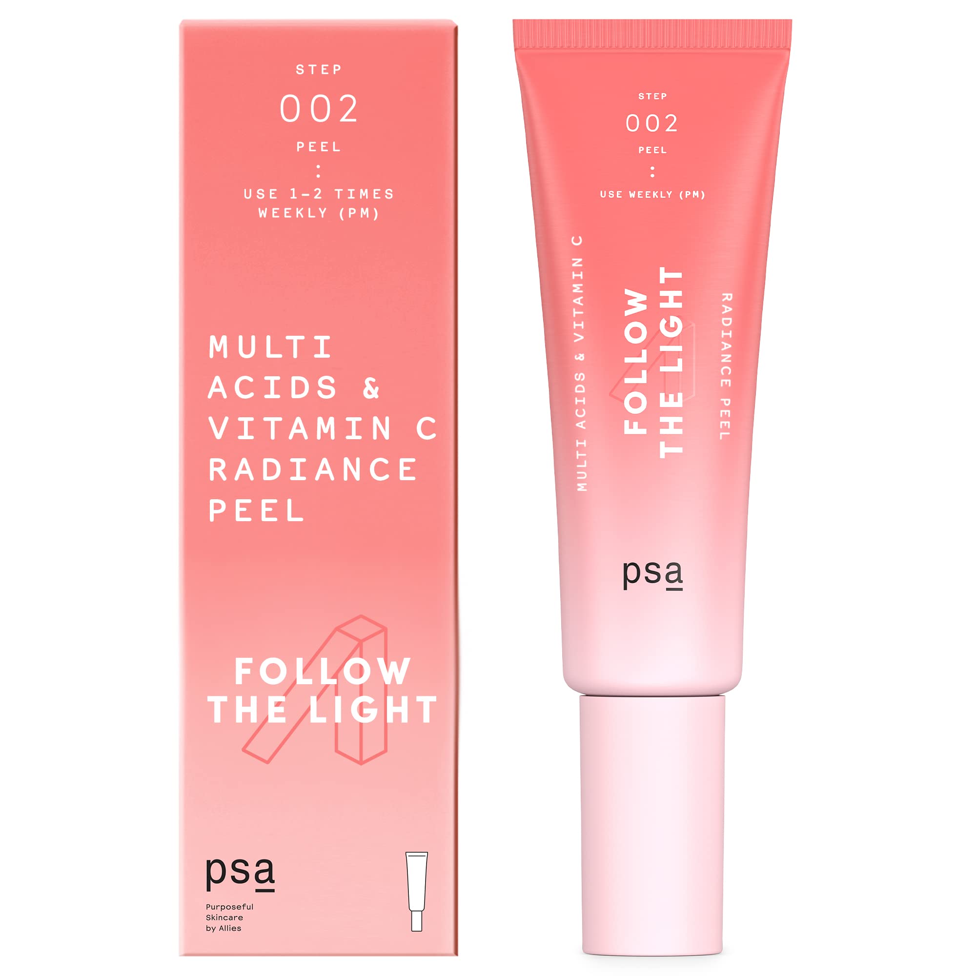 PSA FOLLOW THE LIGHT Multi-Acids & Vitamin C Radiance Peel: Weekly Rinse-Off Facial Peel with 10% Glycolic & Lactic Acid, 5% Vitamin C + Pomegranate Enzymes, Centella Asiatica, 50 ml/ 1.7oz