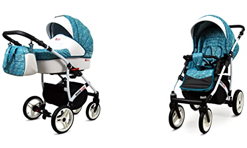 BabyLux White Lux 2-in-1 Baby Kinderwagen Tief und Kinderwagen mit Zubehör Verstellbar und faltbar Aluminium Konstruktion Wasserdicht Nicht abnehmbare Räder Malachit
