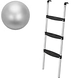 valuents Trampolin Leiter – Silber – zum Einhängen – 86 cm hoch mit 3 extra Breiten Stufen +Plus: 1 Pilates/Yoga-Ball