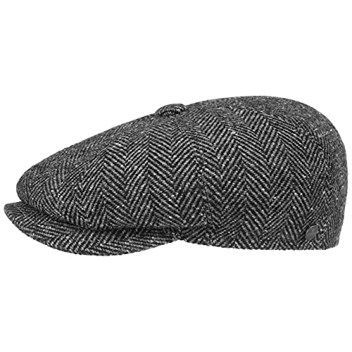 Lierys Fischgrat Flatcap (Schiebermütze) für Herren, Hatteras Cap gefertigt aus Schurwolle (Tweed) mit klassischen Fischgräten Muster, Mütze in der Größe L/58-59, Farbe schwarz