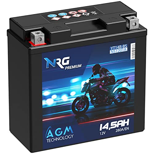 NRG Premium YT14B-4 AGM Motorradbatterie 14,5Ah 12V 280A/EN Batterie 51201 51422 GT14B-4 YT14B-BS auslaufsicher wartungsfrei ersetzt 14Ah