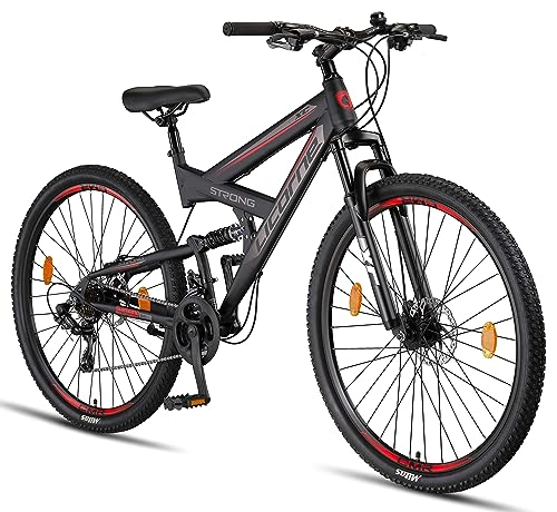 Licorne Bike Strong 2D Premium Mountainbike in 29 Zoll - Fahrrad für Jungen, Mädchen, Damen und Herren - Scheibenbremse vorne und hinten - 21 Gang-Schaltung - Vollfederung (Schwarz/Rot, 29.00)