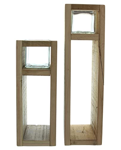 FRANK FLECHTWAREN Windlichtsäule Wood, 2er Set, Holz, Maße: 11 x 11 x 30 cm, 11 x 11 x 40 cm, Glaseinsatz 7 x 7 x 8 cm, ohne Kerzen