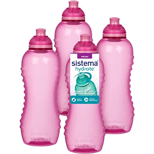 Sistema Twist 'n' Sip Squeeze Sports Wasserflasche, auslaufsichere Wasserflasche, 460 ml, BPA-frei, rosa, 4 Stück
