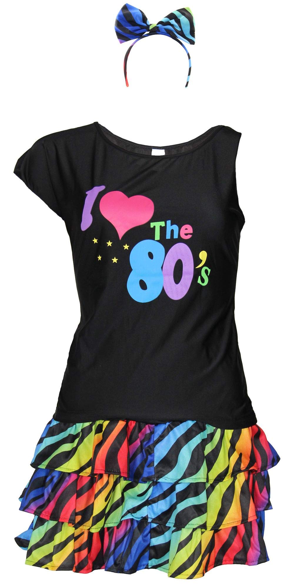 80er Jahre Damen Kostüm - buntes Tutu Haarreif und schwarzes neon Shirt - Größe S-XXL - Ballet Fasching Karneval Tüll Rock kurz, Größe:XL
