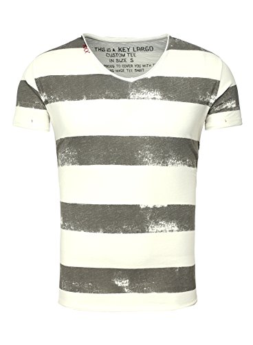 Key Largo Herren T-Shirt AIRLINE Vintage Look Gestreift mit Ziernähten V-Ausschnitt grau XXL