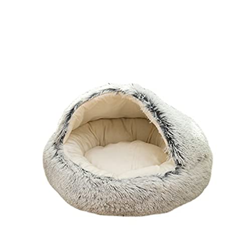 Rundes halbgeschlossenes warmes Komfort-Plüsch-Katzenbett mit Kapuze, tiefer Schlaf, Decke mit rutschfester Unterseite, beruhigend, für Katzen und Hunde, Größe S, Grau