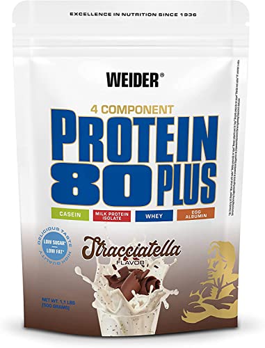 WEIDER Protein 80 Plus Mehrkomponenten Protein, Stracciatella, Eiweißpulver für cremige, unverschämt leckere Eiweißshakes, Kombination aus Whey, Casein, Milchprotein-Isolat und Ei, Fett- & Zuckerarm