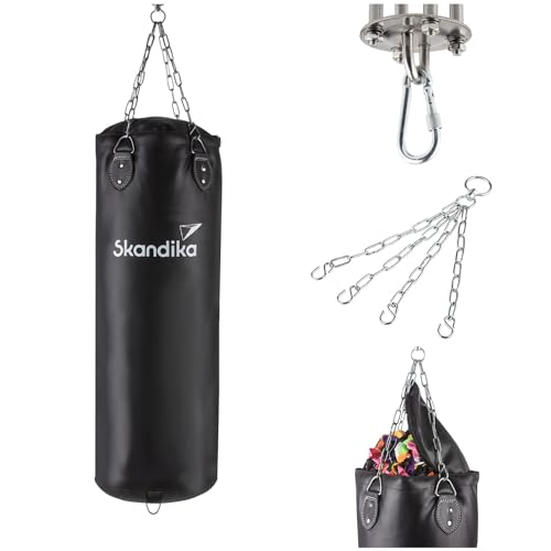 Skandika Boxsack gefüllt für Erwachsene 90 cm, 25 kg | Punching Bag Vierpunkt-Stahlkette, mit Füllung und Deckenaufhängung, hängend |Sandsack Boxing Bag für Muay Thai, Kickboxen und MMA