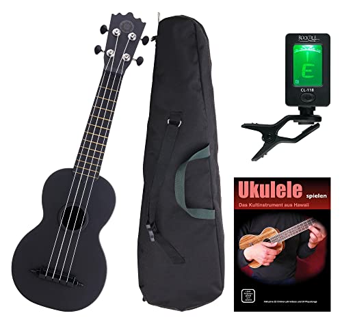 Classic Cantabile BeachBuddy "Blackbird" Sopran Ukulele SET inkl. Tuner und Noten (Uke, Hawaii Gitarre, Kunststoff, 12 Bünde, Outdoor & Strand tauglich, Stimmgerät, Schule)