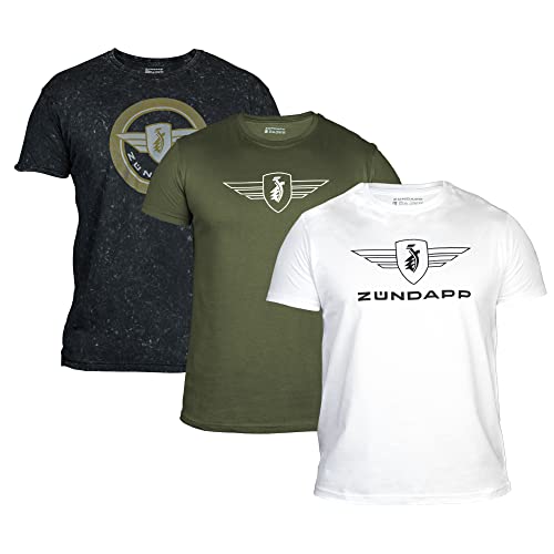 ZÜNDAPP T Shirt Herren oder Damen | Basic Tshirt 3er Set | Unisex Baumwoll T-Shirt 3er Pack (XL, grau Snow Washed + Oliv Uni + weiß Uni)