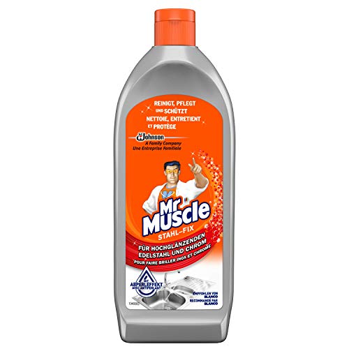 Mr Muscle Stahl-fix Edelstahl-Reiniger, für hochglänzenden Edelstahl und Chrom, mit Abperleffekt, 4er Pack (4 x 200 ml)
