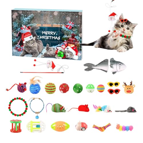 DISPRA Katzen-Adventskalender 2023, Countdown bis Weihnachten mit 24-Tage-Katzenspielzeug – Weihnachtskalender-Ornament, Mäuse- und Katzenfeder-Teaser, Katzenliebhaber,
