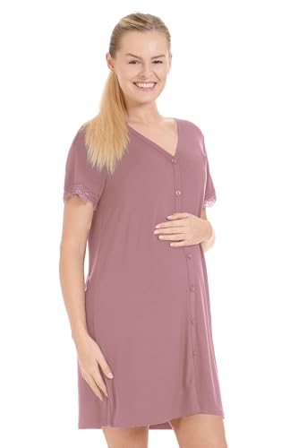 Herzmutter Stillnachthemd Damen Geburt - Knopfleiste - Schwangerschaft-Wochenbett-Stillfunktion - Umstandsnachthemd - Kurzarm mit Spitze - 2850 (XXL, Altrosa)