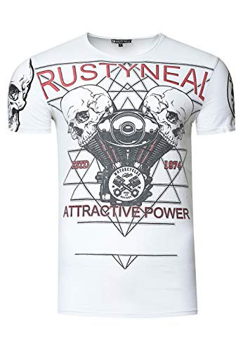 Rusty Neal Herren T-Shirt Front Print Rocker Skull Light Washed Rundhals bis 3XL 261, Farbe:Weiß, Größe S-3XL:M